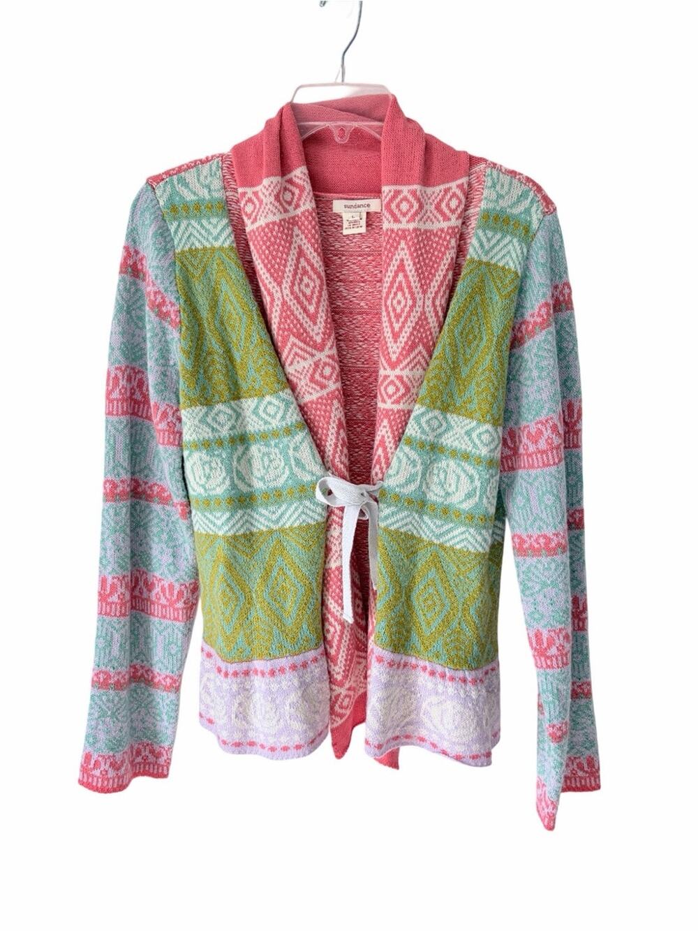 Sundance Fair Isle Storyline Wool Blend Tie Front Cardigan Sweater size Large